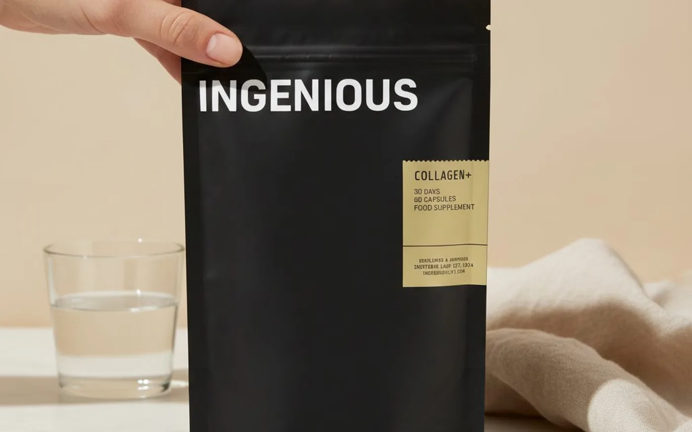 Ingenious Beauty Ultimate Collagen+ black matte pouch on white marble countertop with supplement capsules