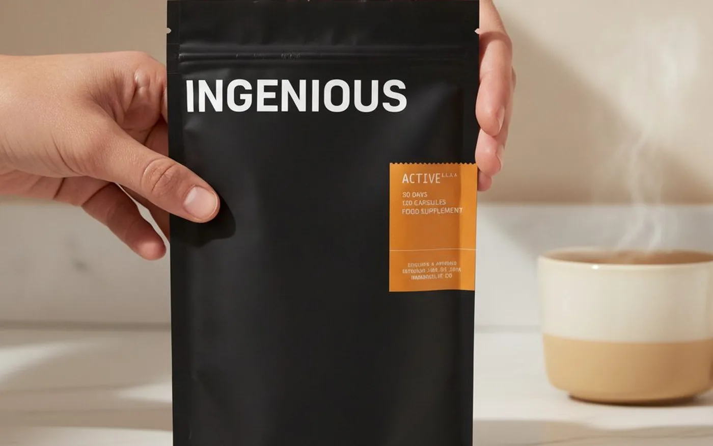 Ingenious Beauty Active supplement pouch held in two hands on white marble countertop