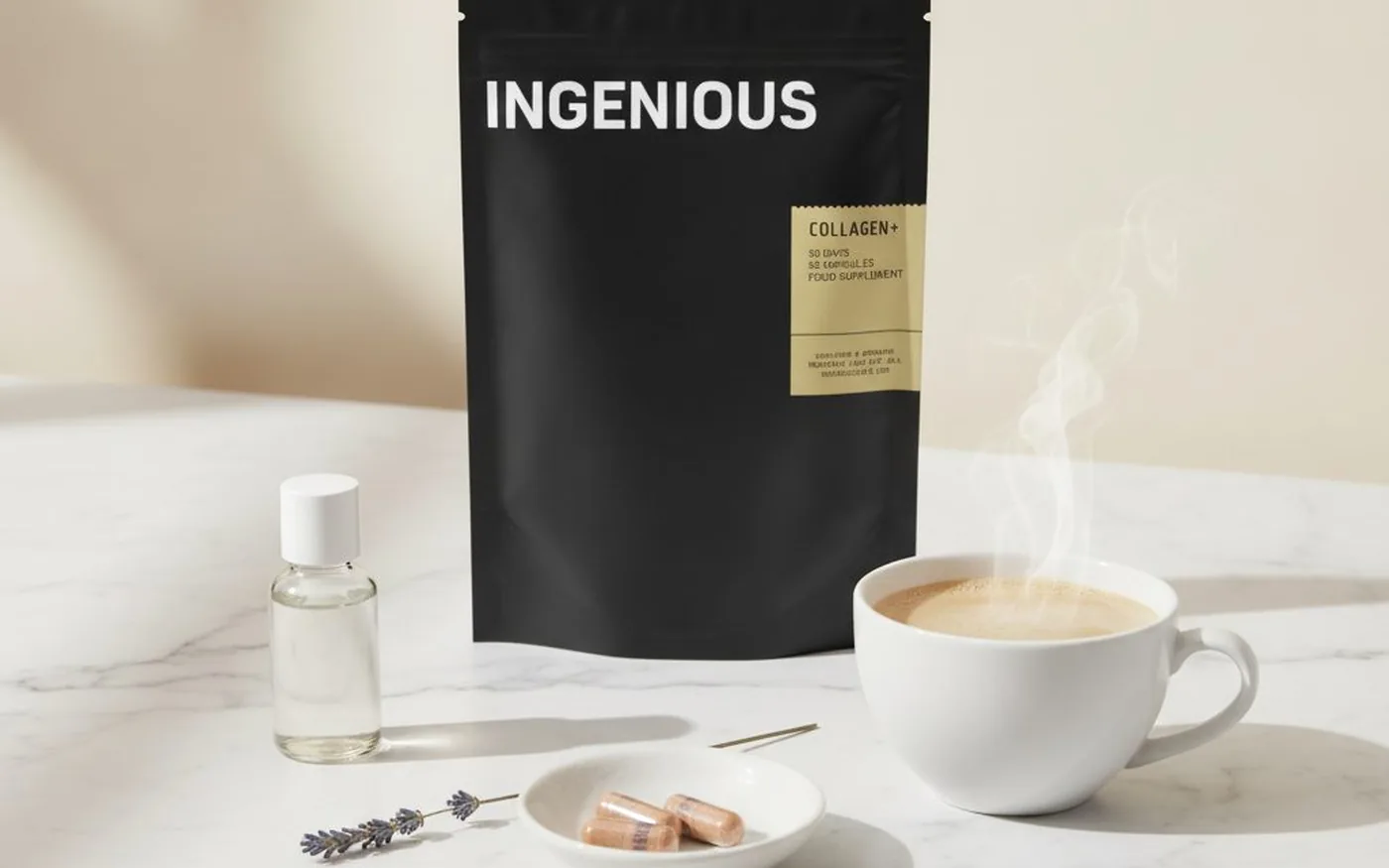 Ingenious Beauty COLLAGEN+ pouch with wellness lifestyle props - capsules, serum, lavender and coffee cup on marble