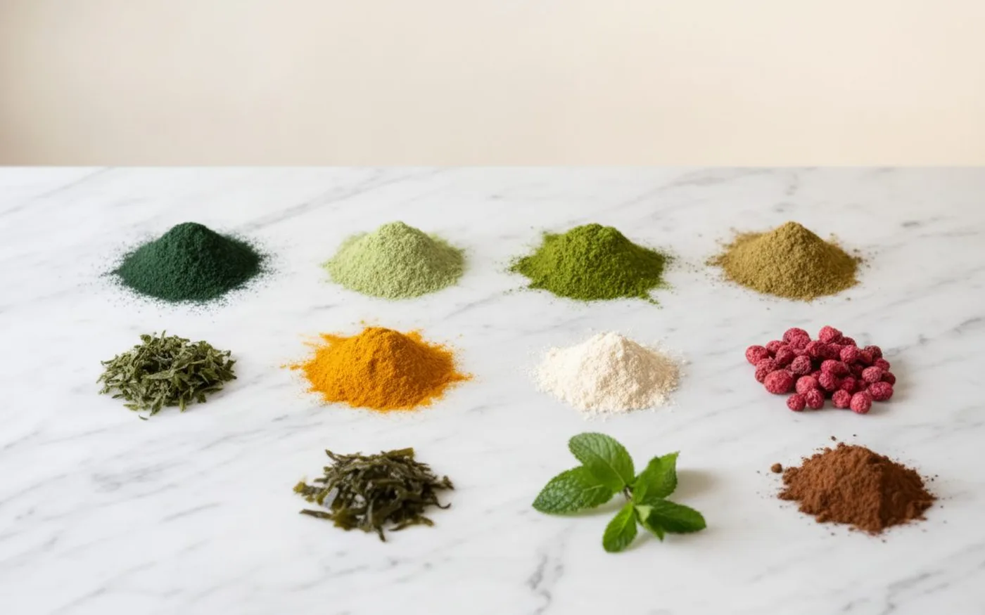 The ten natural ingredients in Innermost The Detox Booster - spirulina, chlorella, wheatgrass, matcha, turmeric, maca, camu camu, kelp, peppermint and cocoa powders on white marble