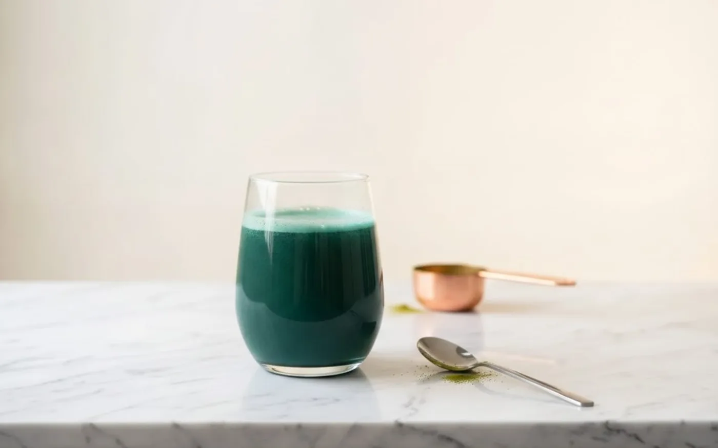 A glass of mixed greens powder drink in deep teal-green colour on white marble with copper measuring scoop