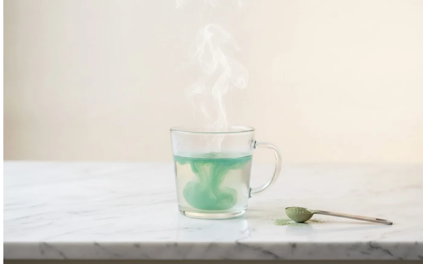 Greens powder dissolving in a clear glass mug of hot water on white marble countertop with measuring spoon