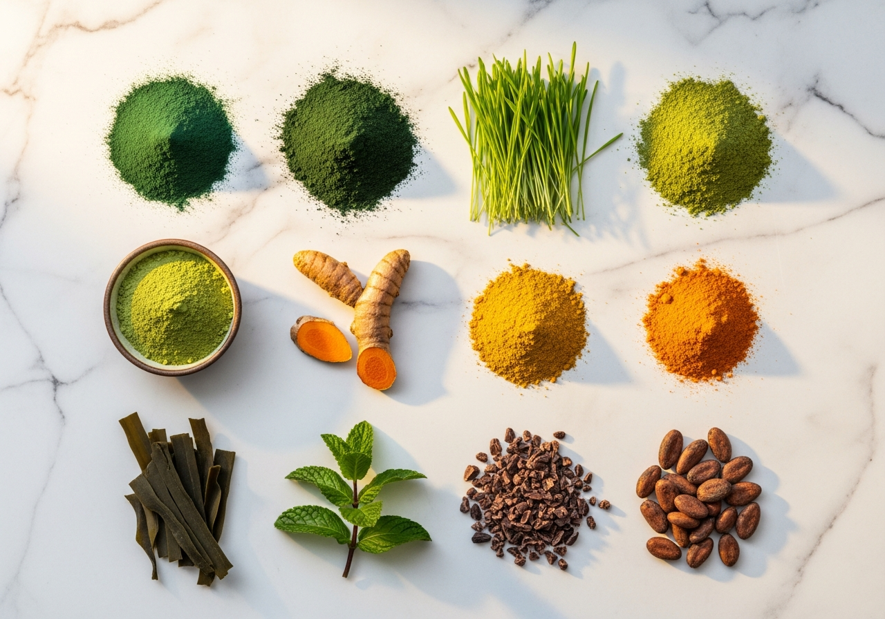 Ten natural superfood ingredients from Innermost The Detox Booster - spirulina, chlorella, wheatgrass, matcha, turmeric, maca, camu camu, kelp, peppermint and cocoa arranged on white marble