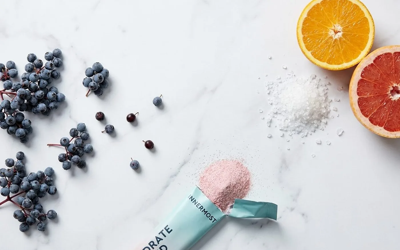 Innermost Hydrate powder and ingredients flatlay