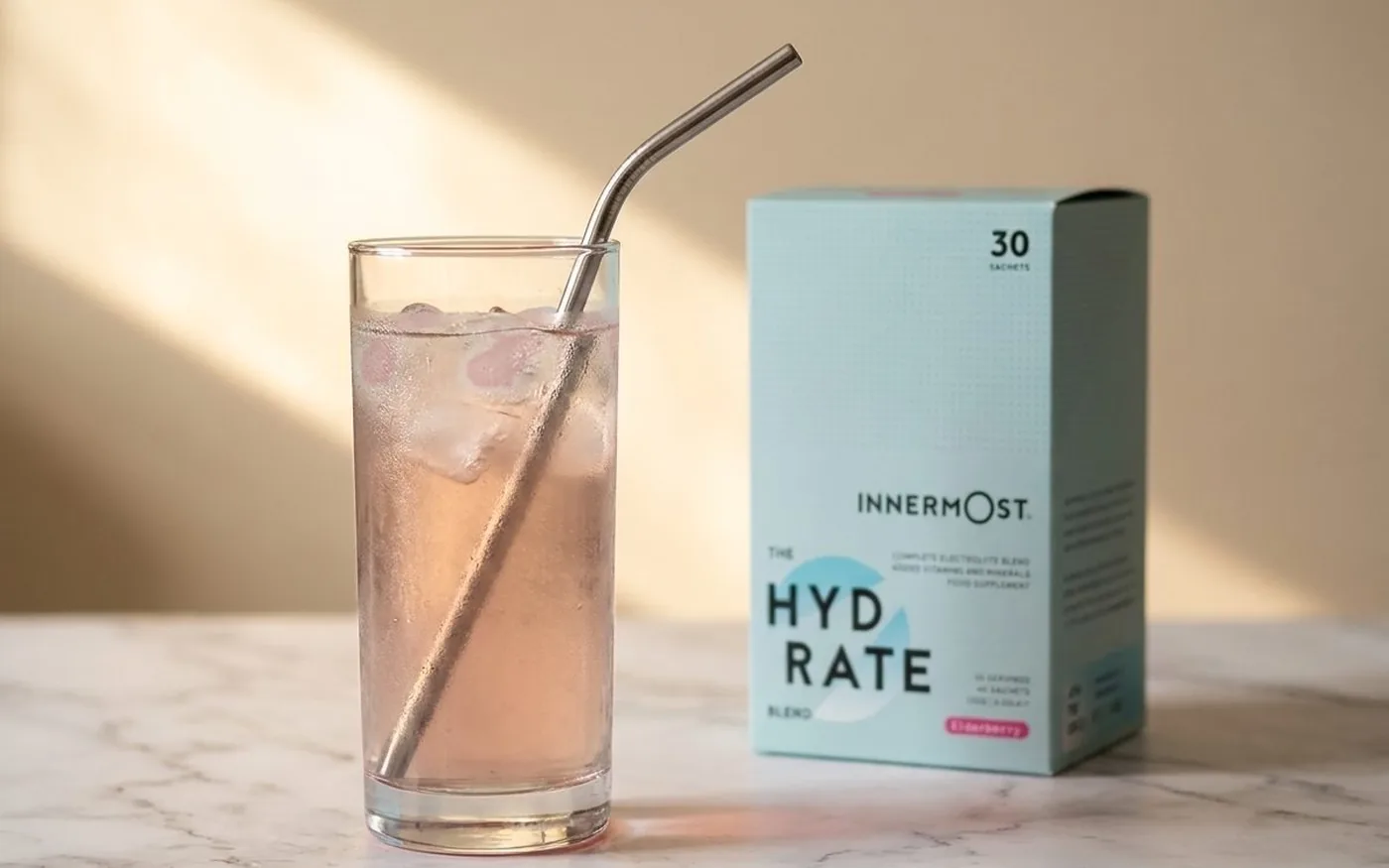 Innermost Hydrate electrolyte drink in a glass with ice