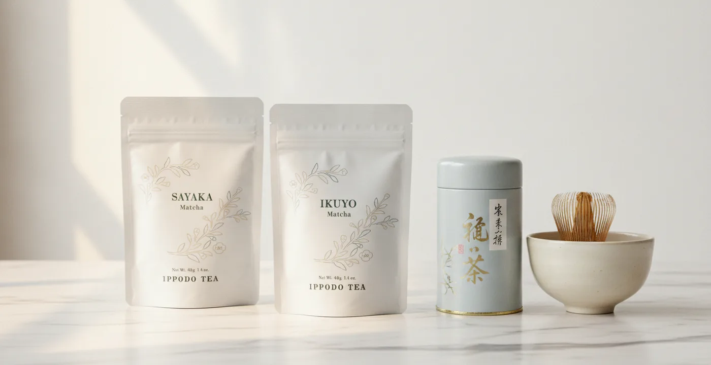 Three Ippodo matcha tins - Ikuyo, Sayaka and Seiun - lined up on a marble surface