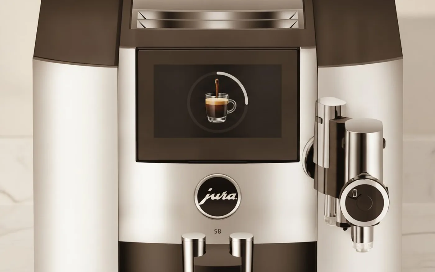 Close-up of the Jura S8 4.3-inch colour TFT touchscreen showing the drinks tile menu with espresso, cappuccino, coffee and latte options