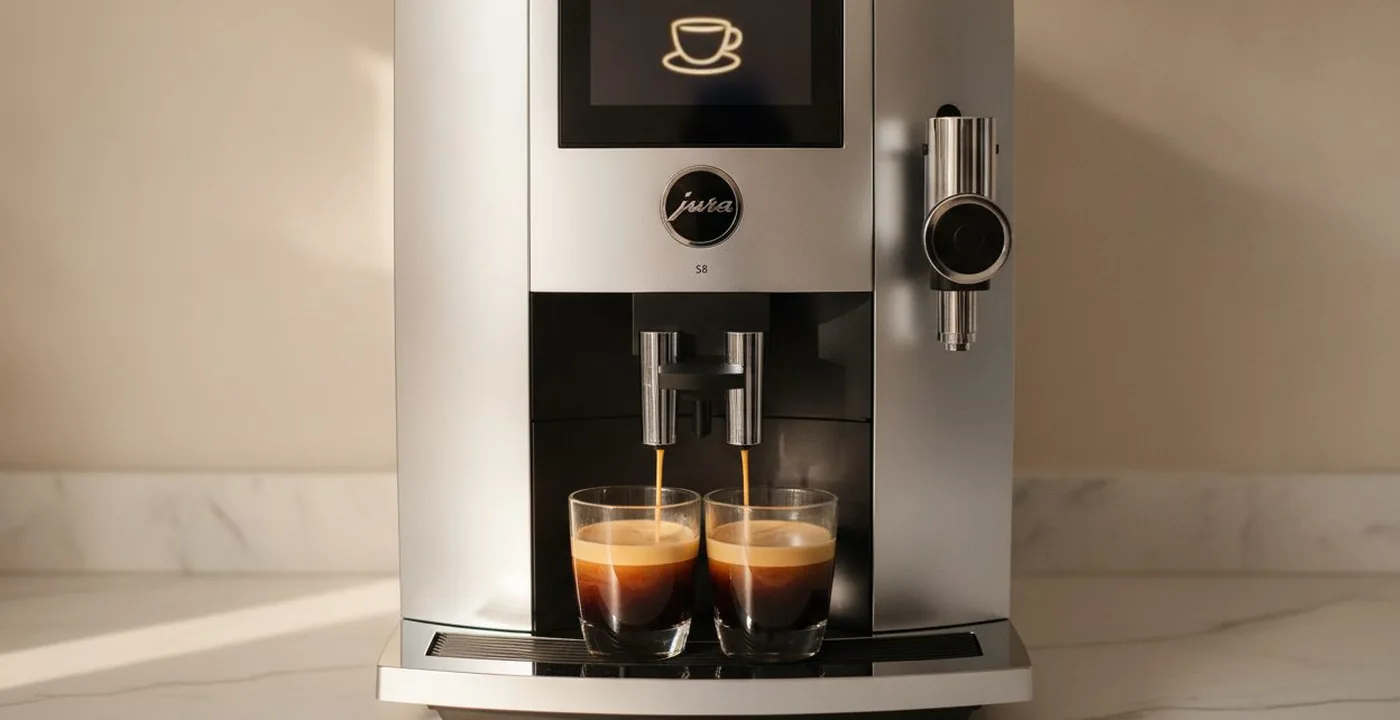 Jura S8 bean-to-cup coffee machine in Piano Black with 4.3-inch touchscreen on a kitchen counter