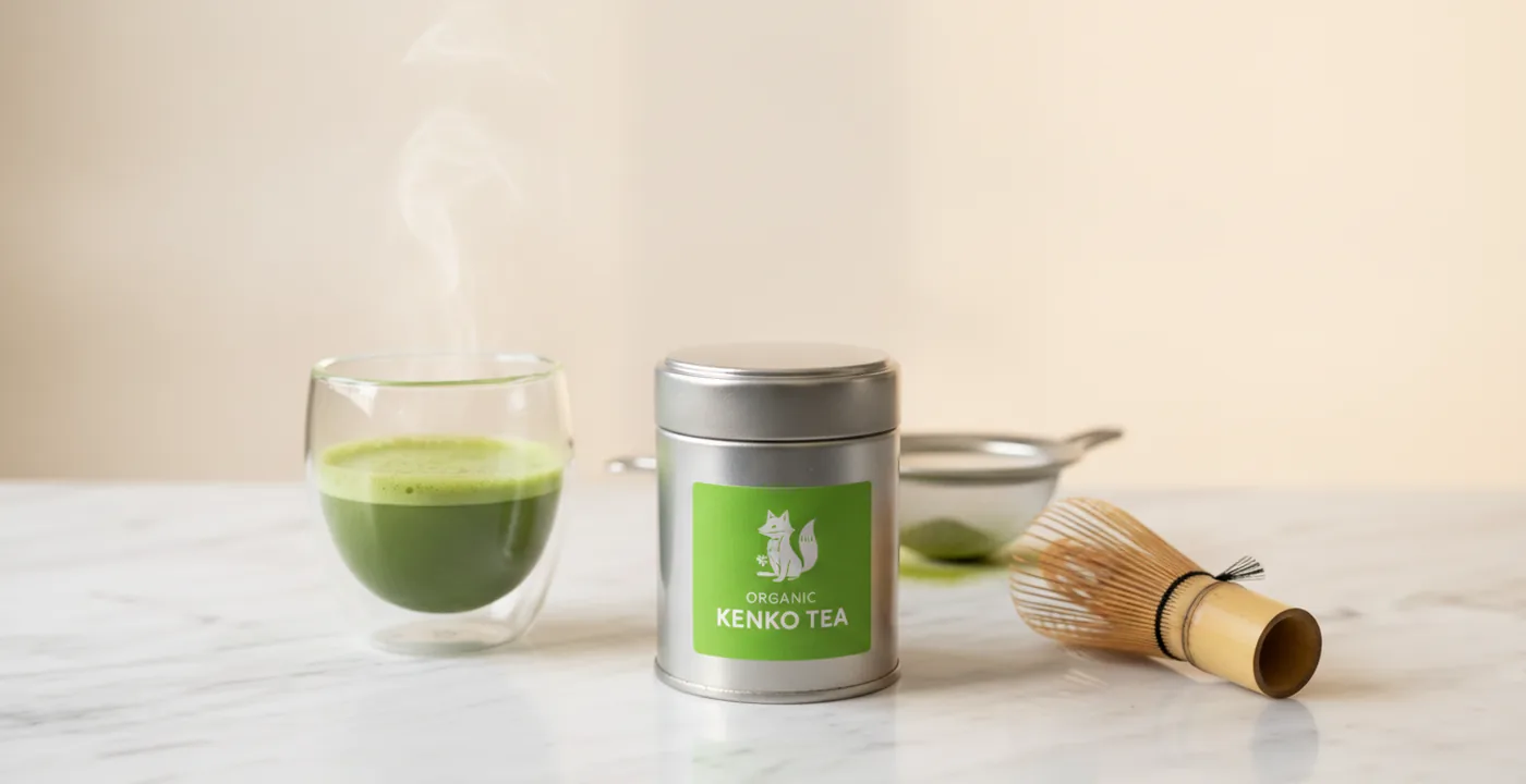 Kenko ceremonial grade matcha powder in a tin beside a ceramic bowl and chasen
