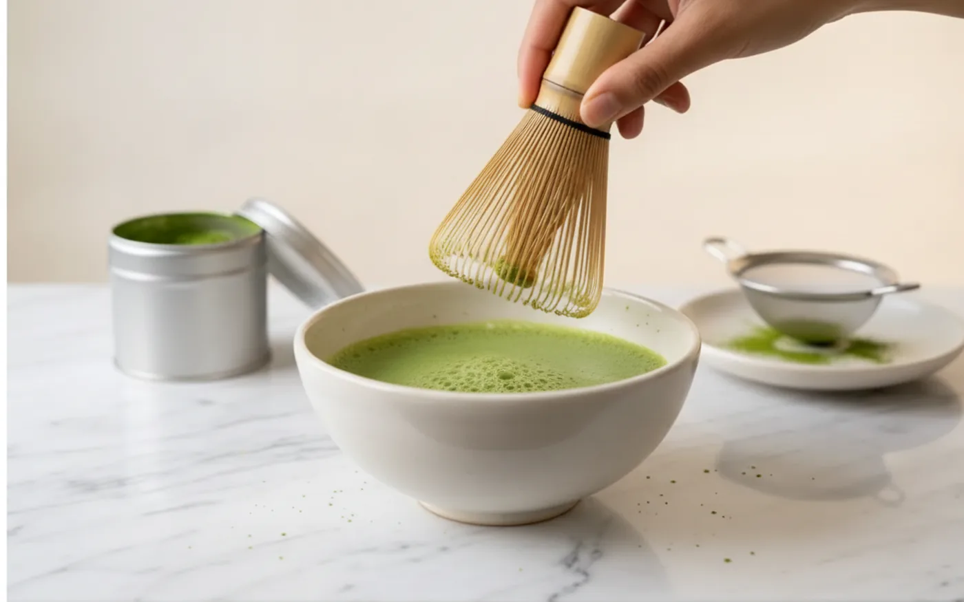 Traditional matcha preparation with chasen bamboo whisk, ceramic bowl, and vivid green ceremonial matcha