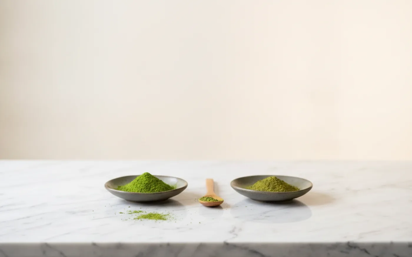 Ceremonial versus culinary grade matcha powder colour comparison - vivid green versus dull olive green