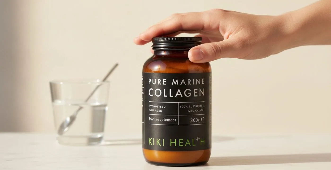 KiKi Health Pure Marine Collagen Powder 200g in amber glass jar against clean white background