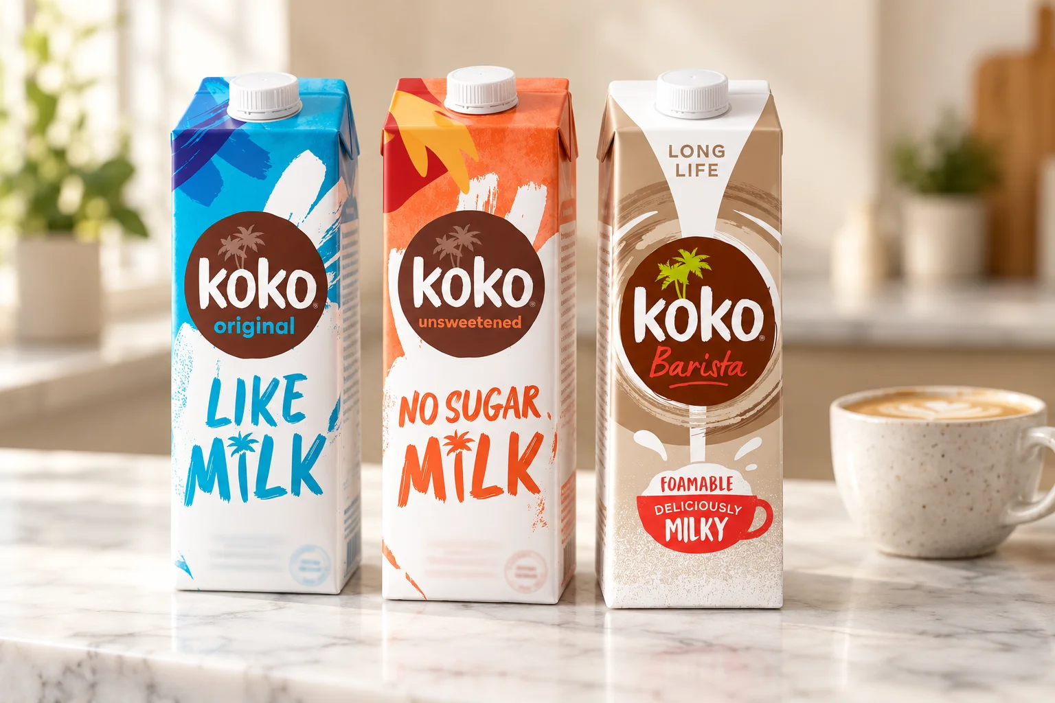 Koko Dairy Free Original, Unsweetened and Barista cartons with their blue, orange and cream packs on a white marble counter beside a latte