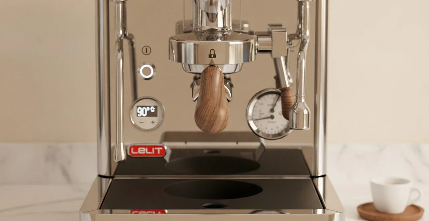 Lelit Bianca V3 dual boiler espresso machine with walnut accents on kitchen counter