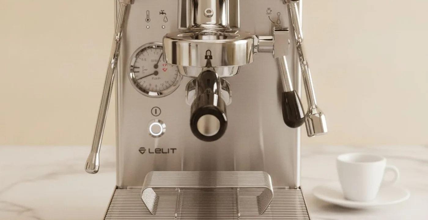 Lelit Mara X espresso machine on bench with portafilter and cup