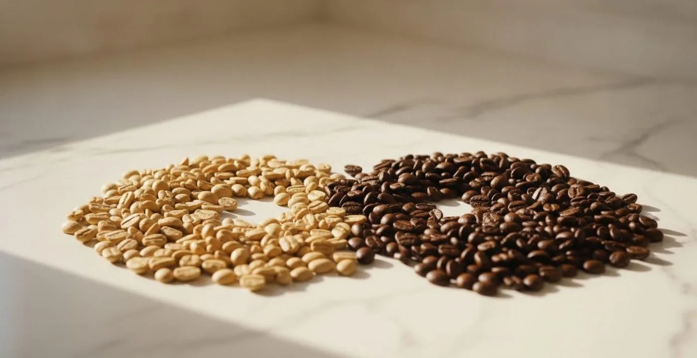 Light roast coffee beans next to dark roast coffee beans showing colour contrast