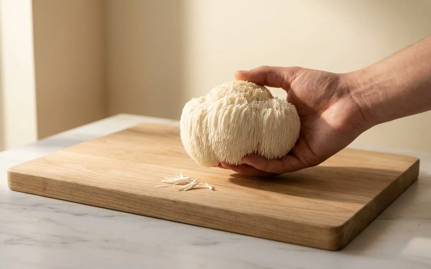 Lions mane mushroom showing characteristic appearance