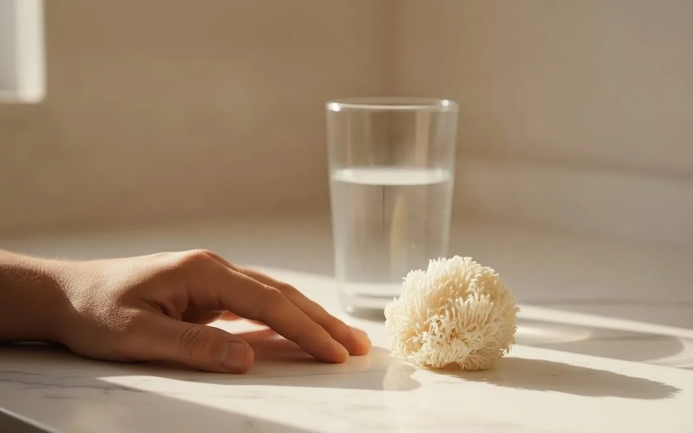 Hand resting contemplatively beside lion's mane mushroom and glass of water