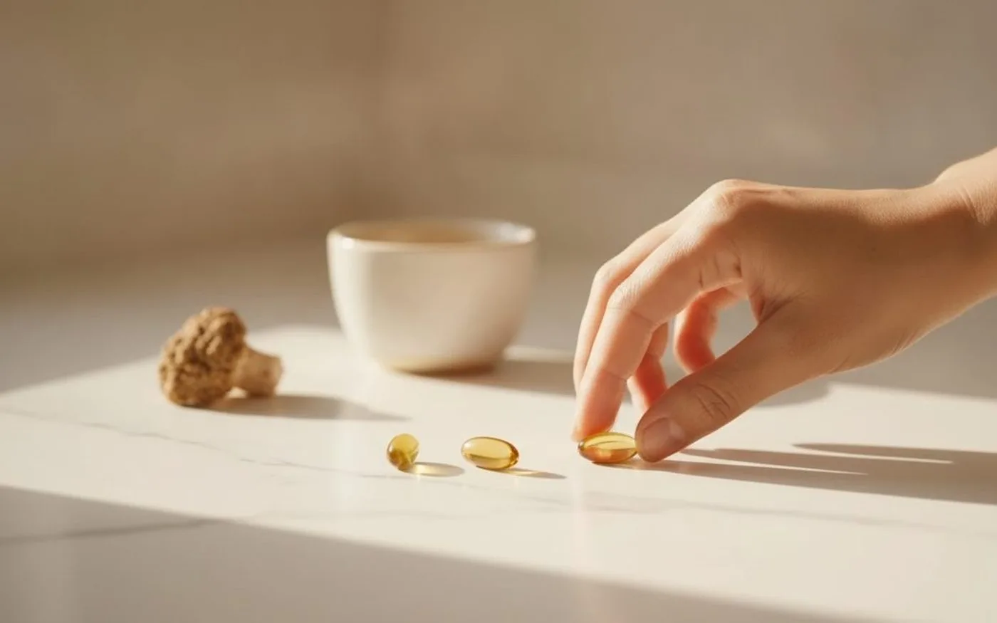Hand reaching for amber supplement capsules beside lion's mane mushroom on marble