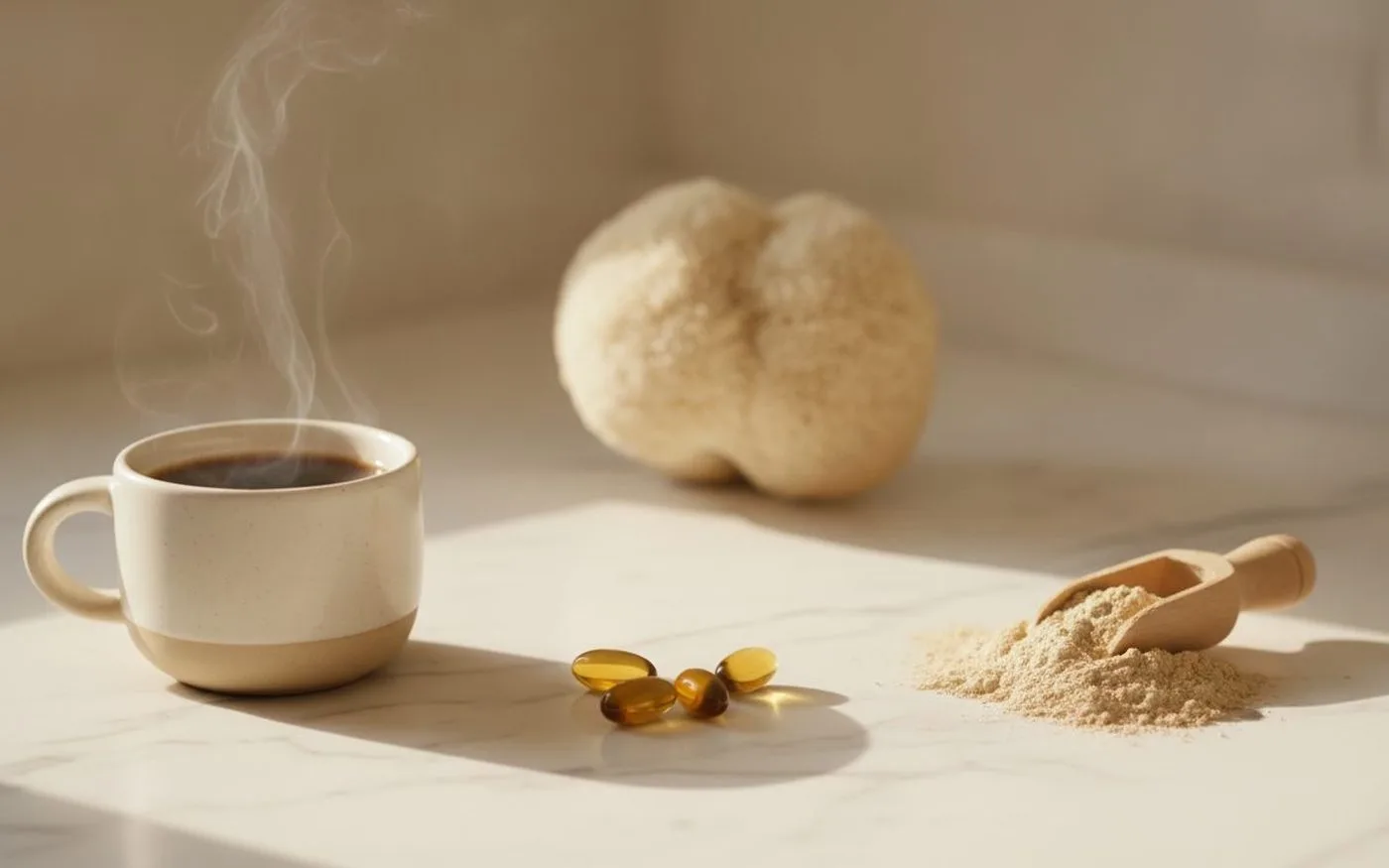 Three lion's mane supplement formats - coffee, capsules, and powder - on marble countertop