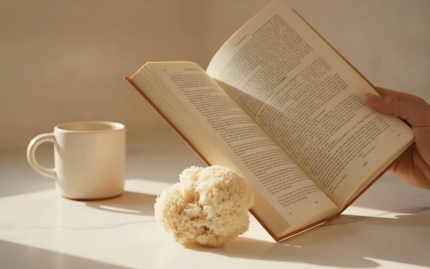 Lion's mane mushroom with open clinical research journal on marble surface