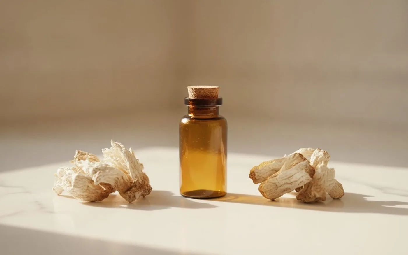 Two groups of lion's mane mushroom pieces flanking an amber supplement bottle