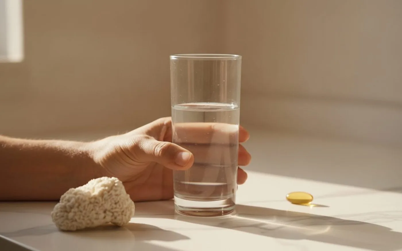 Hand holding glass of water beside lion's mane mushroom and amber capsule on marble