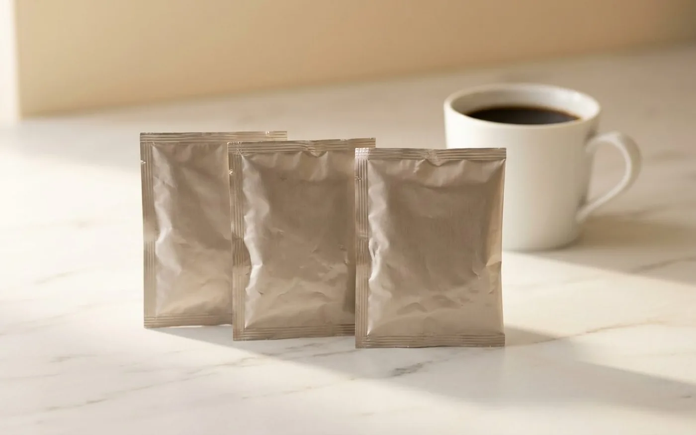 London Nootropics adaptogen coffee sachets on marble countertop showing three blend options