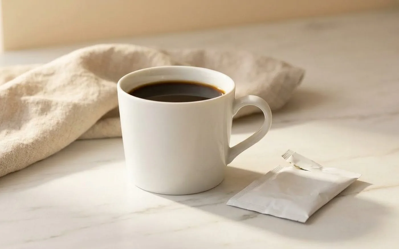 Instant adaptogenic coffee sachet beside a ceramic mug of prepared black coffee on white marble countertop