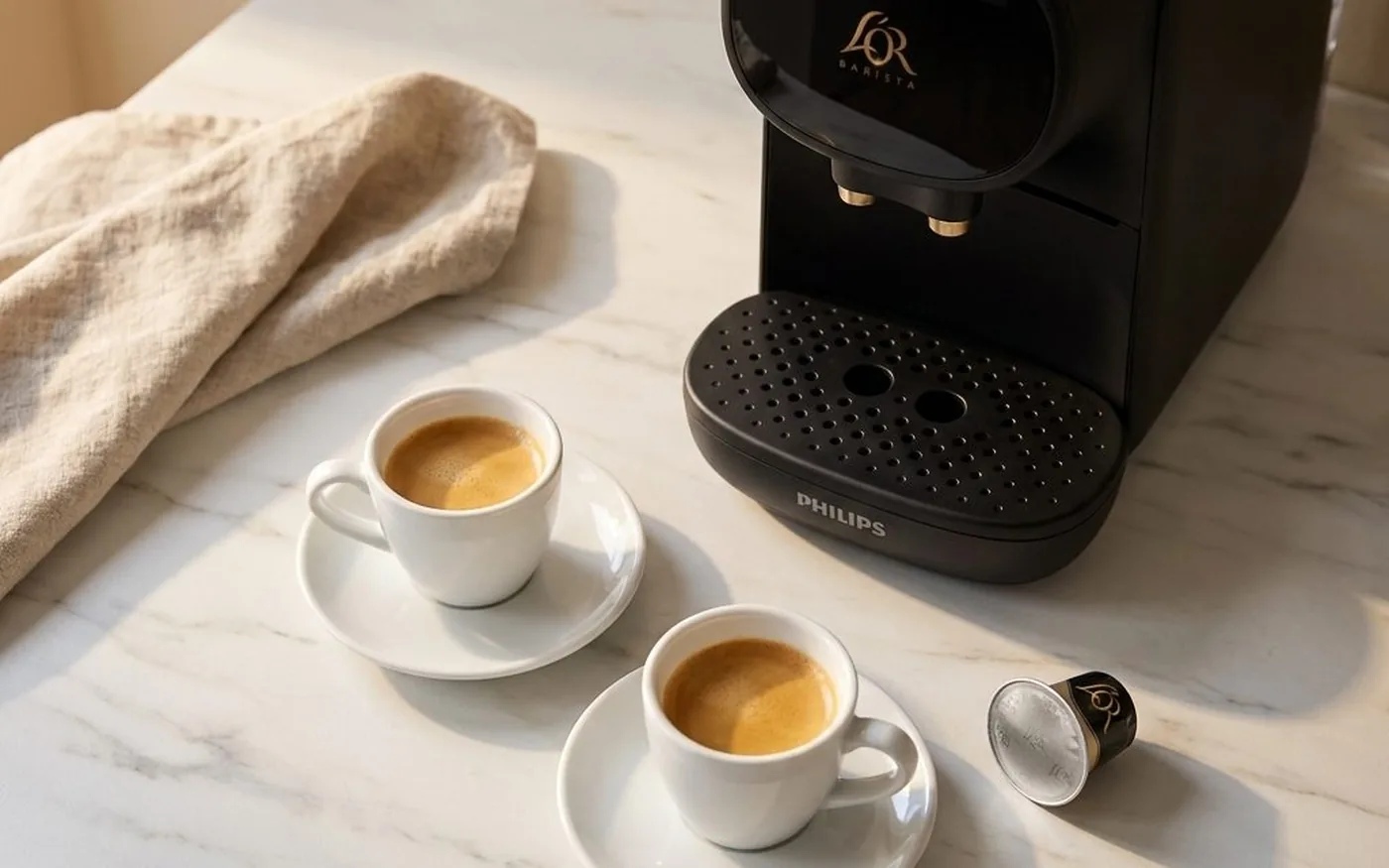 L'OR Barista Sublime pod machine with capsule inserted and dual gold-tipped spout ready to brew two cups