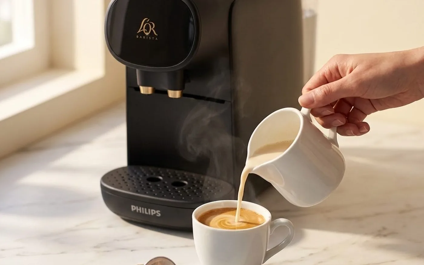 Two white ceramic espresso cups with crema on white marble countertop beside a spent coffee capsule