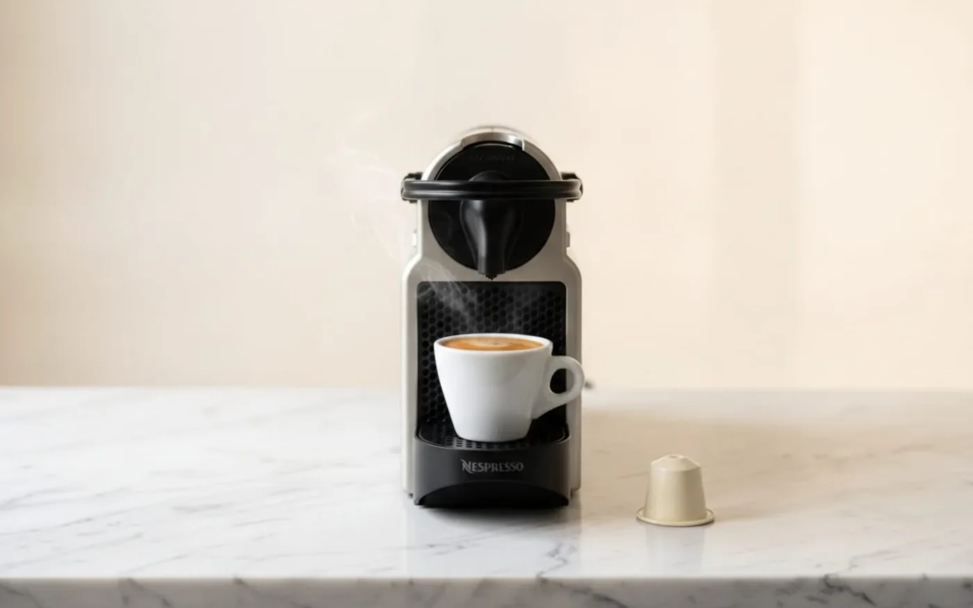 Nespresso Original Line machine brewing a Lost Sheep Coffee pod