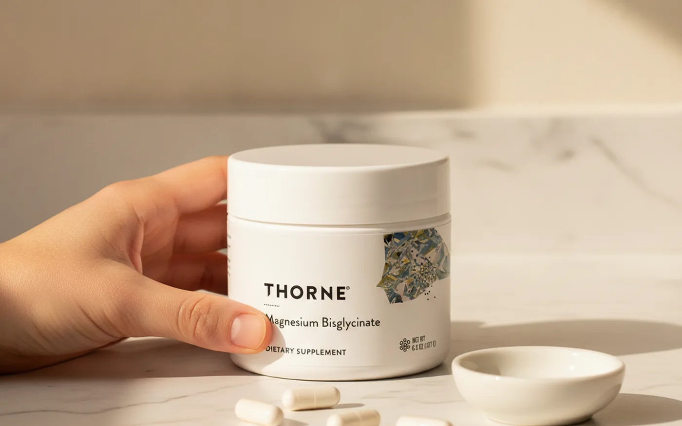 Hand resting on a white tub of Thorne Magnesium Bisglycinate powder with capsules and a small dish beside it