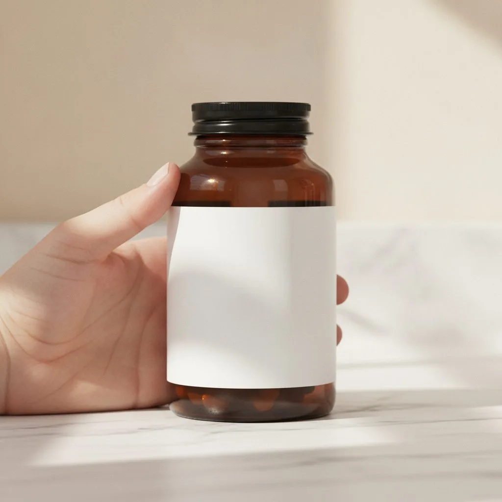 Hand holding an amber supplement bottle with a blank white label on a marble surface