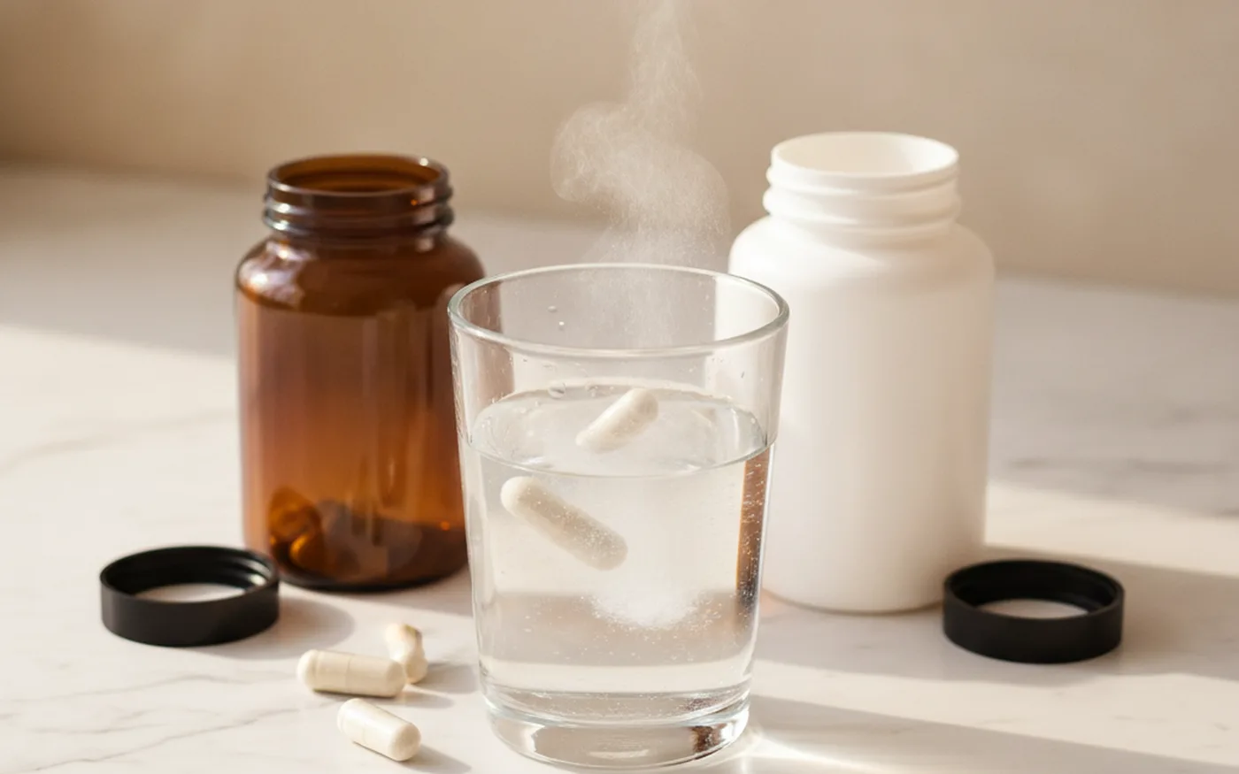 Magnesium capsules dissolving in a glass of water beside an amber bottle and a white supplement bottle