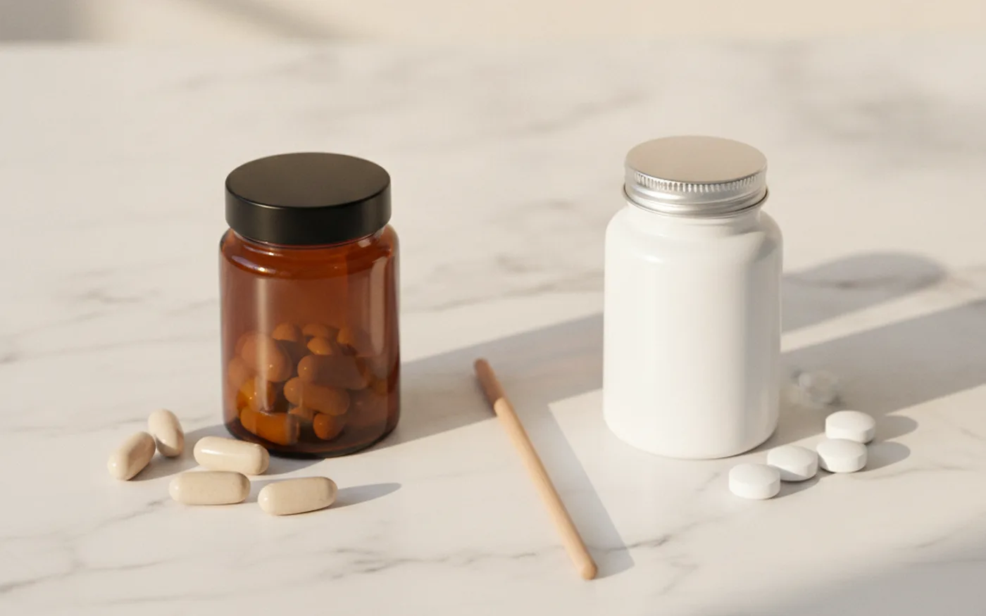 Amber capsule bottle with capsules beside a white tablet bottle with tablets on a marble surface