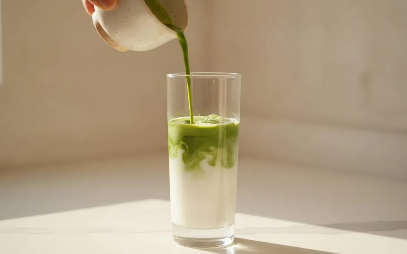 Pouring frothed milk over whisked matcha into a glass to finish a matcha latte