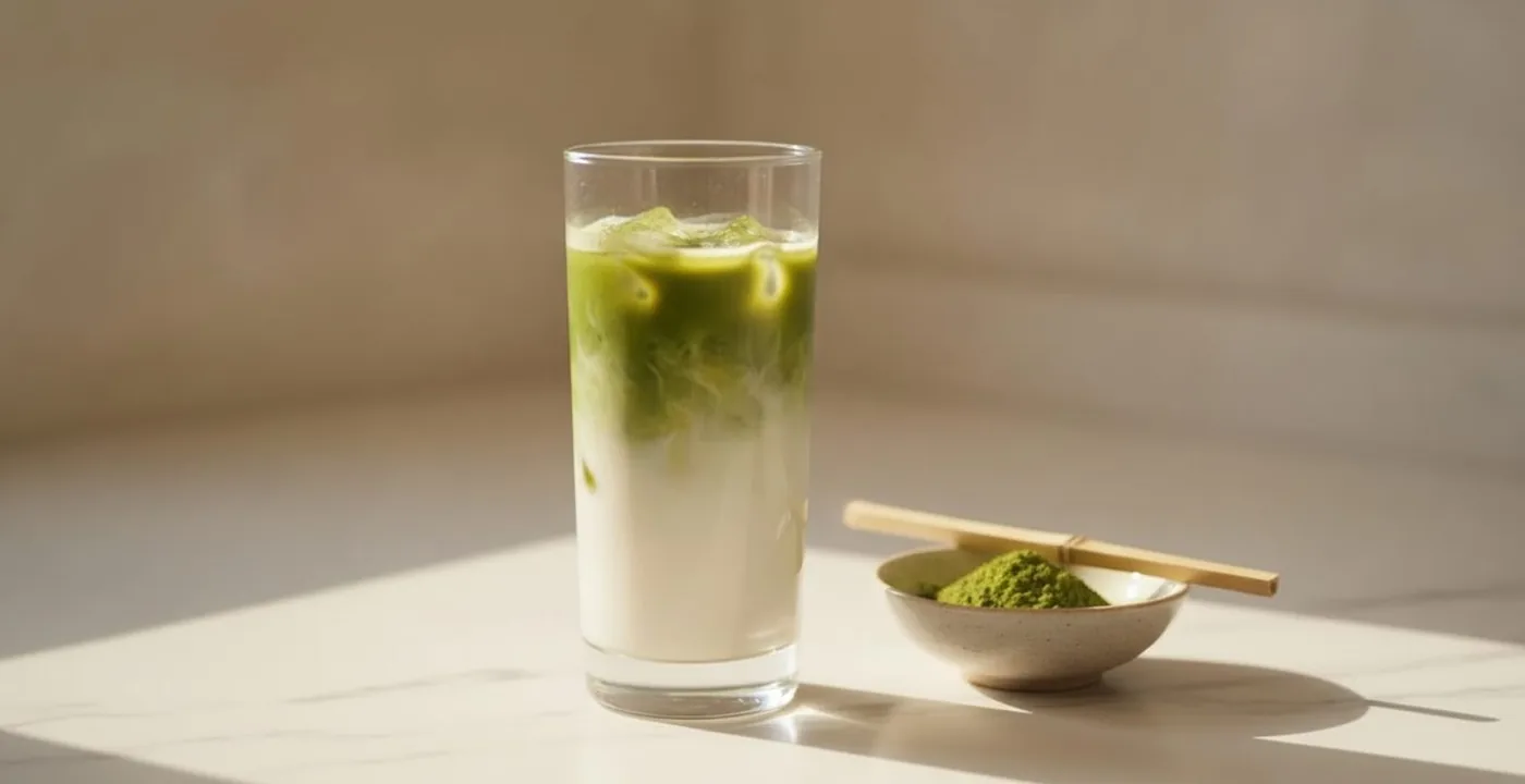 Iced matcha latte in a tall glass, green matcha layered over milk, beside a bowl of matcha powder and a bamboo scoop