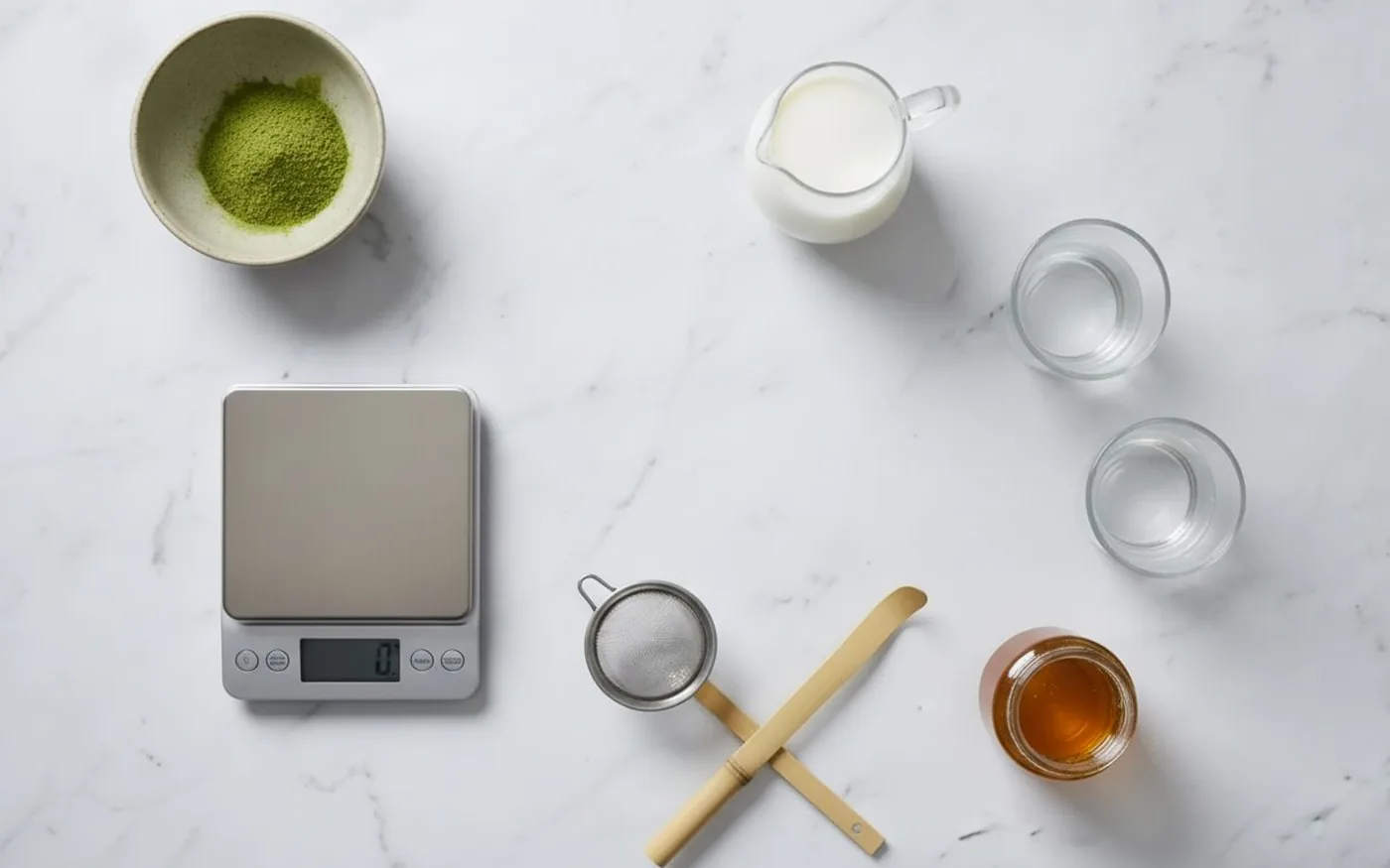 Flat lay of matcha latte ingredients including ceremonial-grade matcha powder, a bamboo whisk, and milk