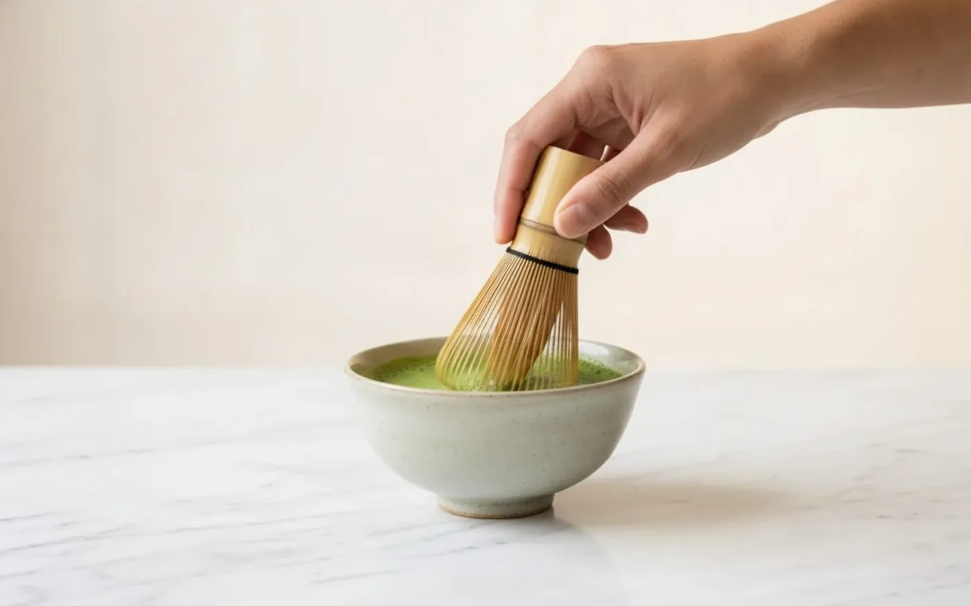 Whisking matcha powder and hot water into a smooth paste using a bamboo whisk in a zigzag motion