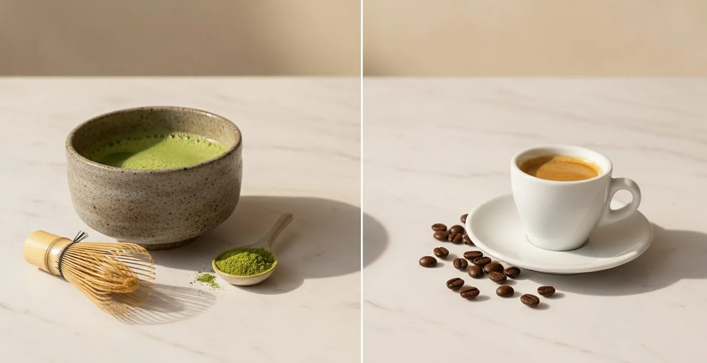 Matcha powder in a bowl next to a cup of coffee on a wooden surface