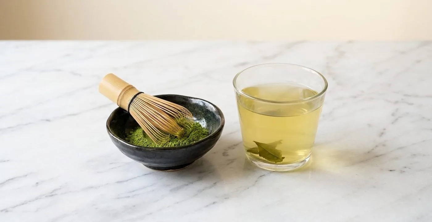 Side-by-side comparison of matcha powder in a bowl and a cup of brewed green tea on a wooden surface