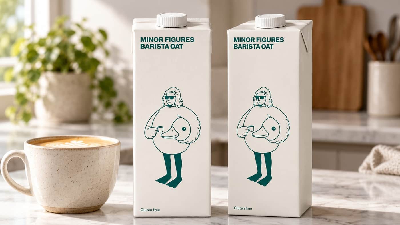 Six Minor Figures Barista Oat cartons in pastel colours lined up on a marble counter