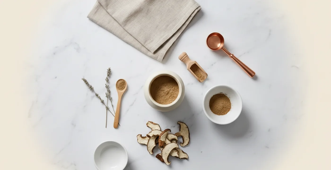 Functional mushroom powder supplement in a small wooden bowl on a white marble surface