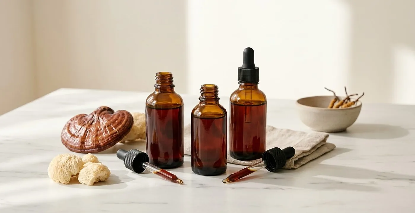 Reishi, lion's mane and cordyceps mushroom tincture bottles with clinical trial research context
