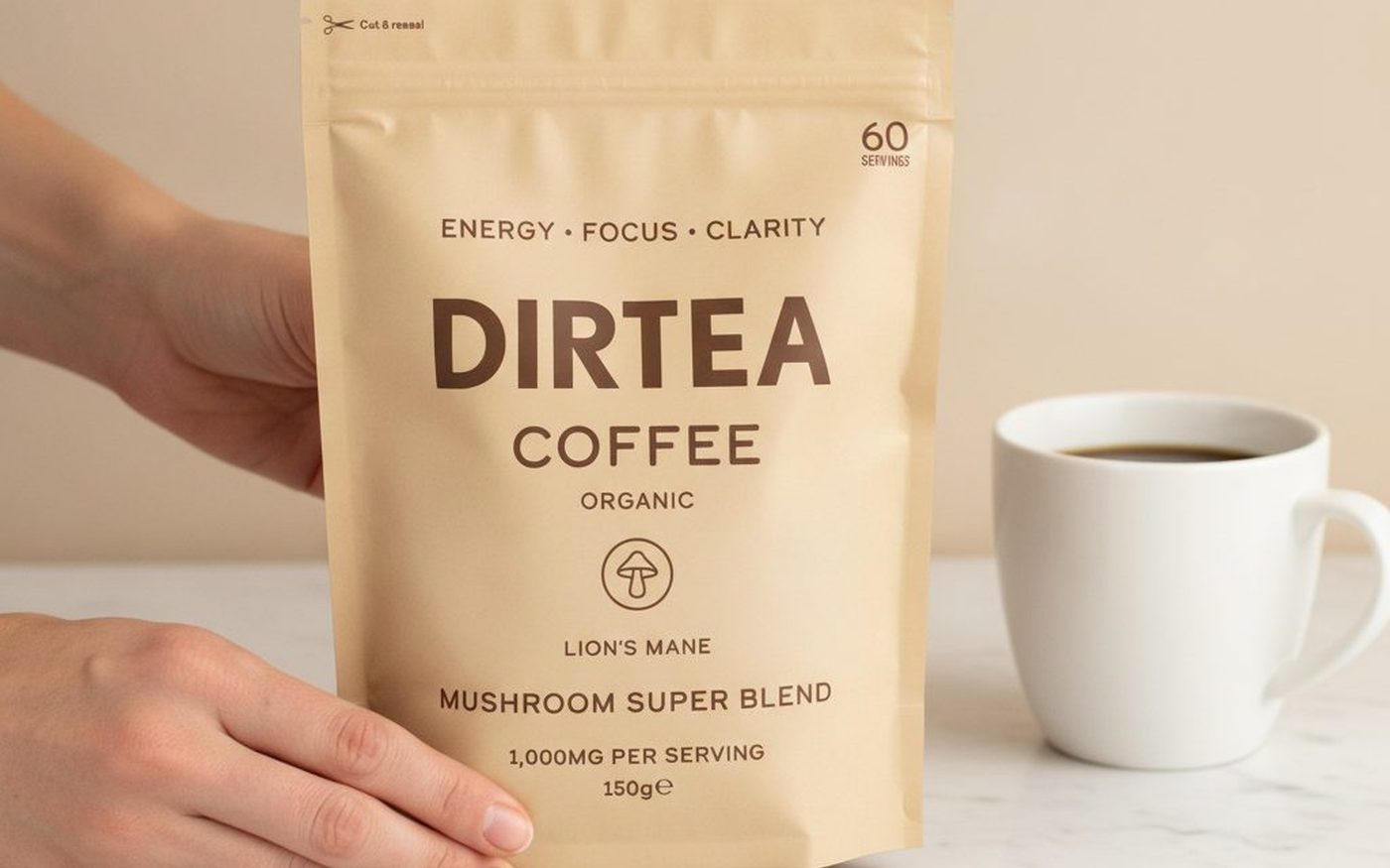 Dirtea Coffee Lion's Mane Mushroom Super Blend bag on white marble