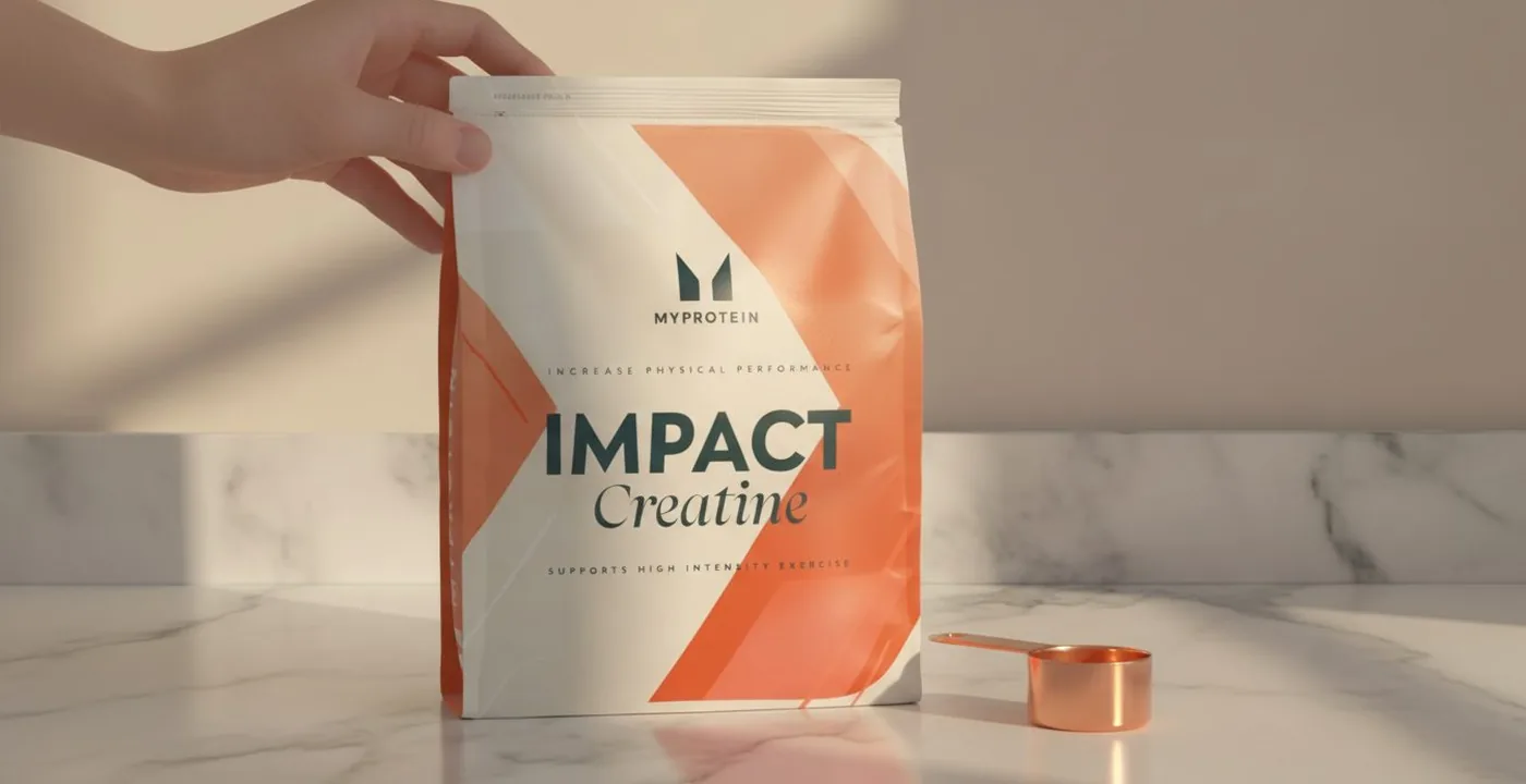 Myprotein Creatine Monohydrate tub and scoop on marble surface