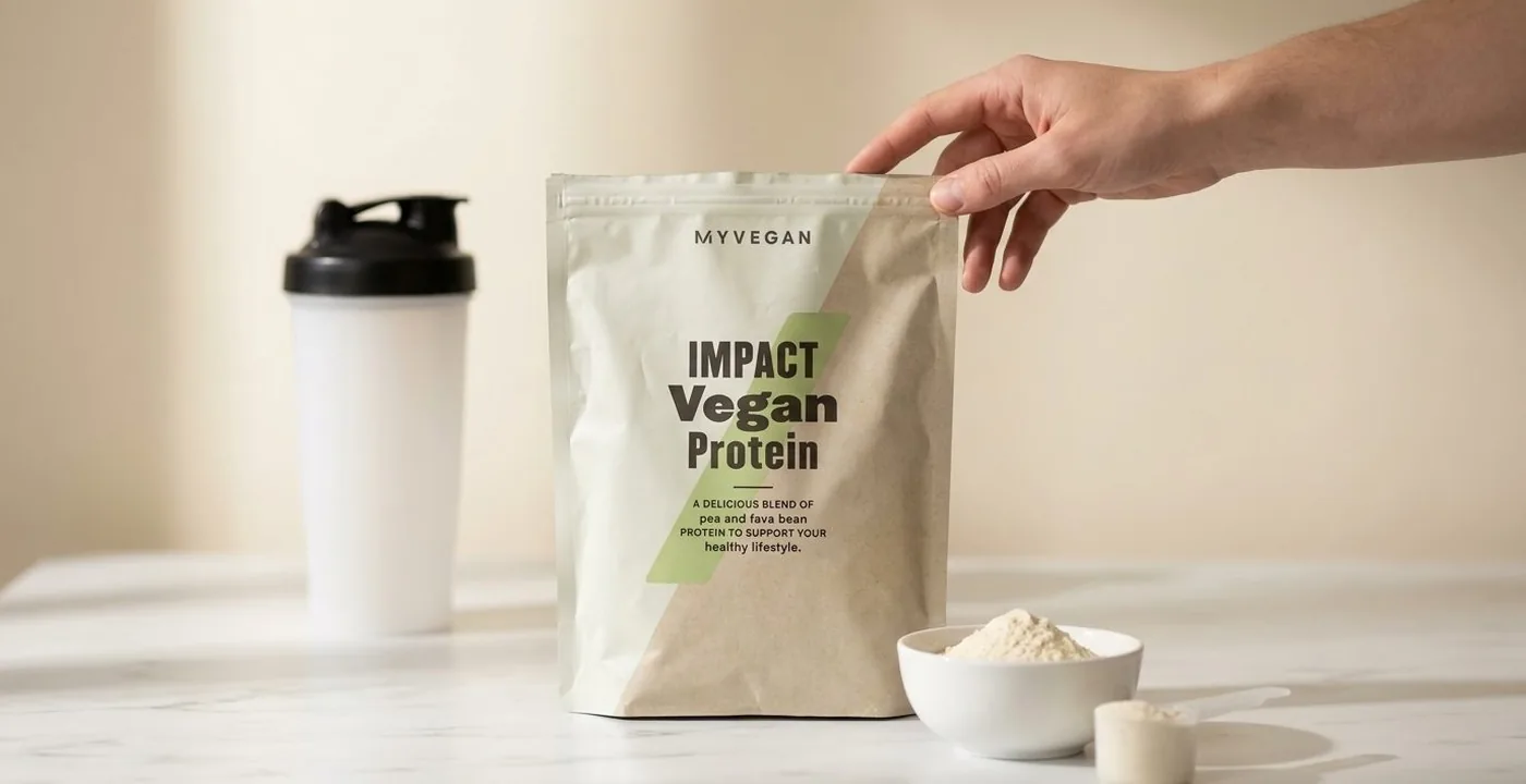 Myvegan Impact Vegan Protein powder tub on a clean surface