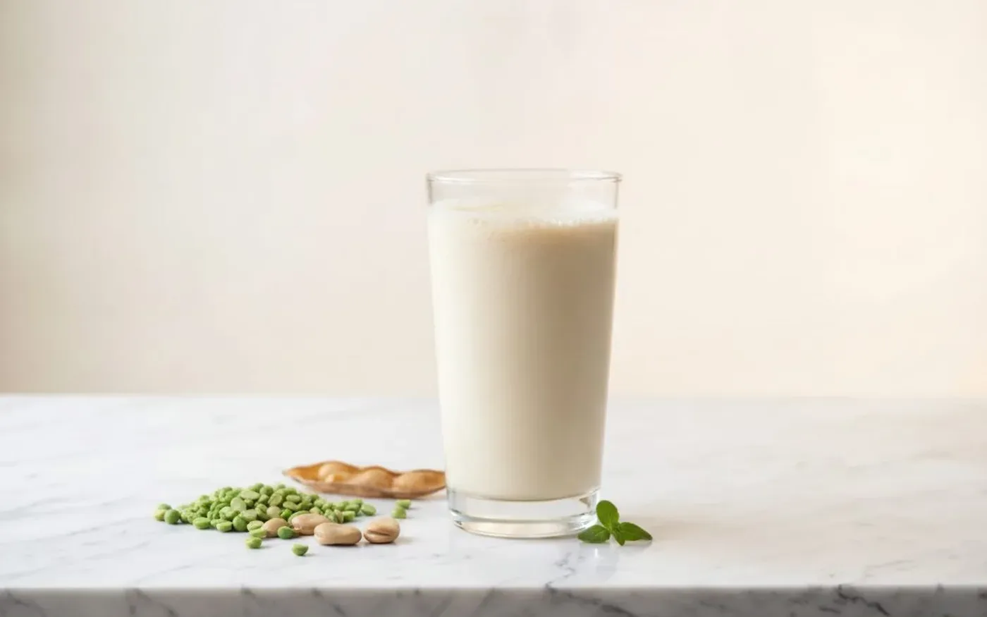 Glass of pale plant-based drink beside green peas, fava beans and a mint sprig on marble