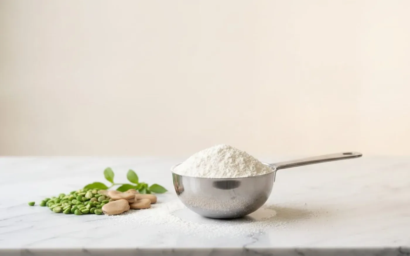 Metal scoop of white protein powder beside green peas, fava beans and a leaf sprig